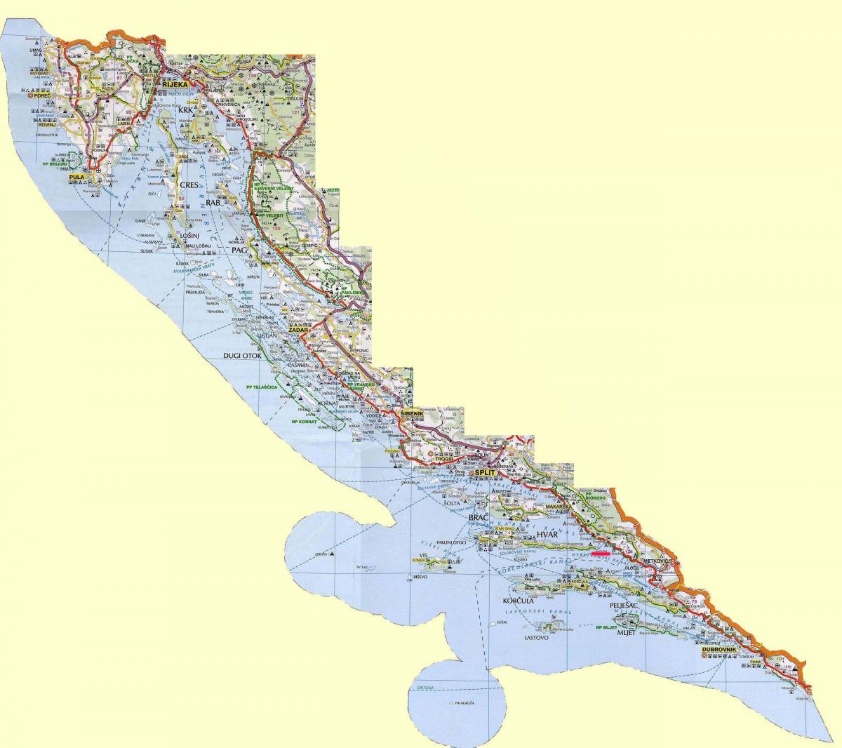 mapa kroaziako kostaldean, eta uharte